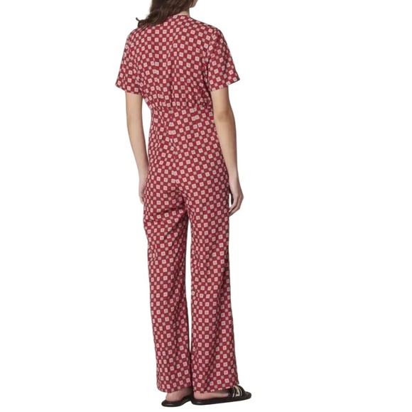 Sandro Paris Red "Laith" Geometric Tile Print Tie-Front Wide Leg Jumpsuit US 4 - Picture 2 of 11